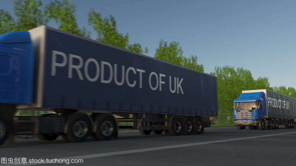 移动半货车与英国产品标题在拖车上。道路货物运输。3d 渲染