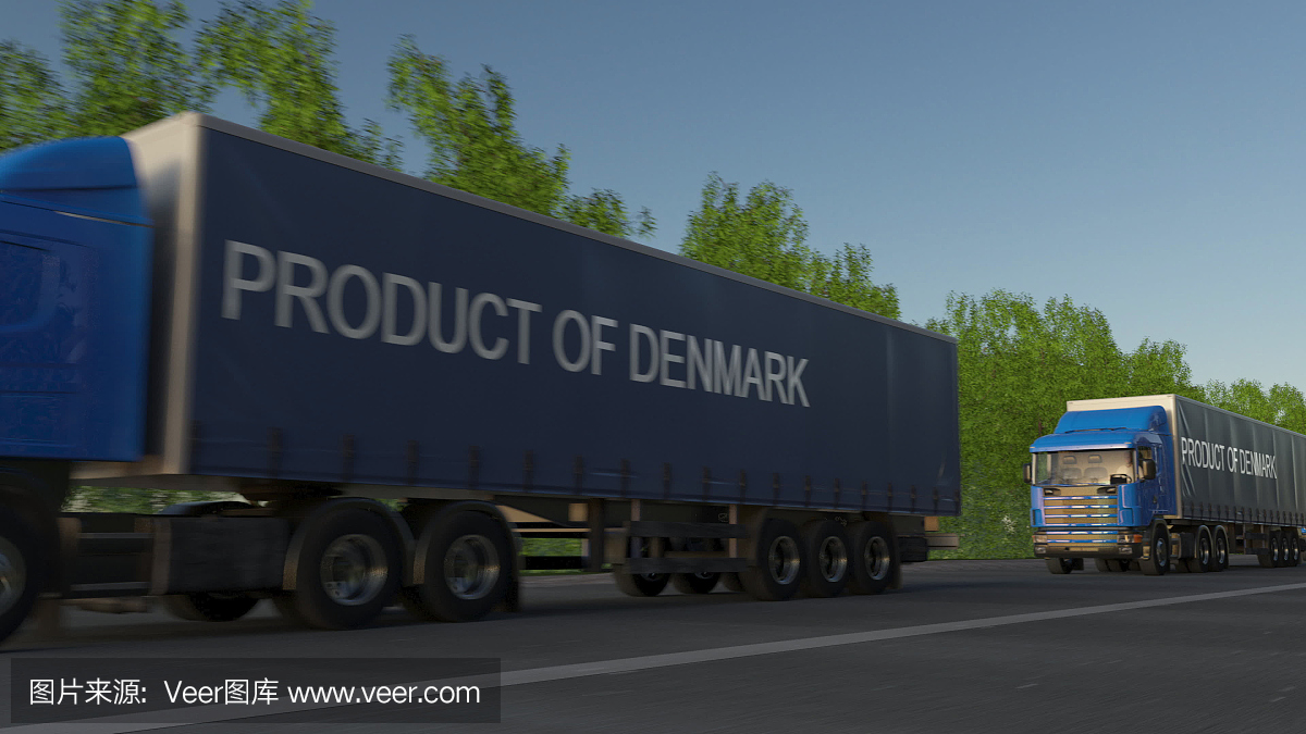 移动拖车上印有丹麦产品说明的货运半挂车。道路货物运输。三维渲染
